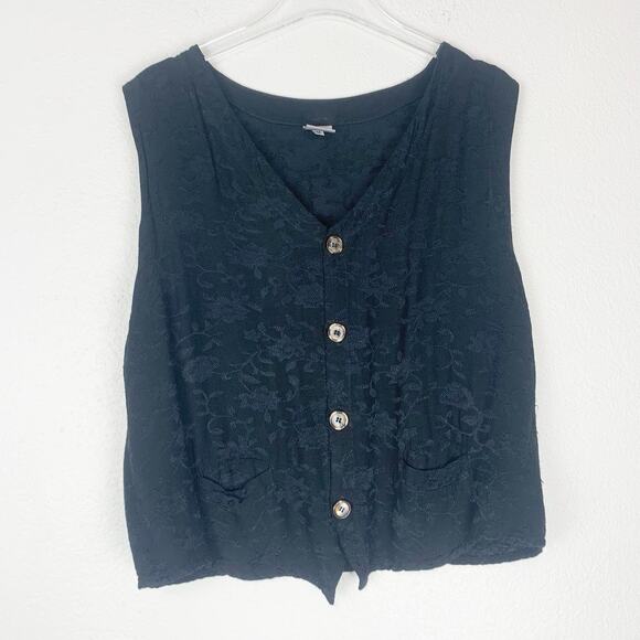 Vtg CP Shades Vest Medium Black Floral Embossed Button Front Boho Lagenlook M - Picture 1 of 7